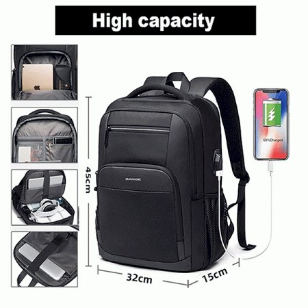 BANGE Large Capacity 15.6 Inch Laptop Backpack Durable Daily Men‘s School Bag Multi-Functional USB Charging Port Water Resistant